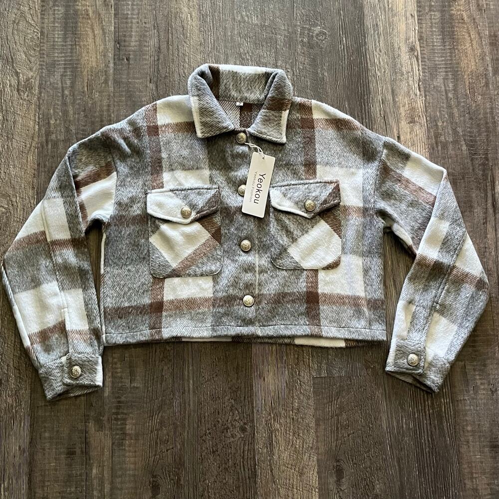 Yeokou Women's Fashion Plaid Cropped Jacket Small Shacket Button Front NWT